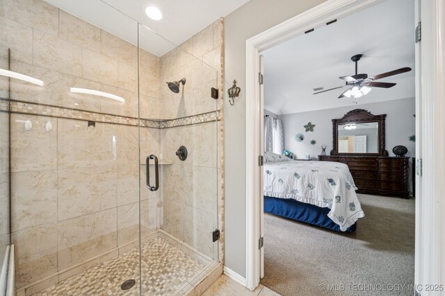 3701 W Dallas St, Broken Arrow, OK 74012 - ensuite bathroom featuring a stall shower and ceiling fan