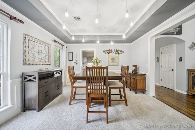 3701 W Dallas St, Broken Arrow, OK 74012 - dining space with ornamental molding, light colored carpet, track lighting, and a raised ceiling