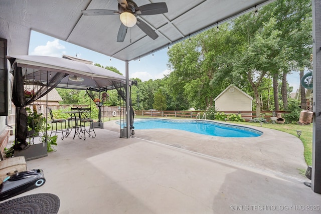 3701 W Dallas St, Broken Arrow, OK 74012 - view of swimming pool with a gazebo, ceiling fan, a patio area, and a fenced backyard