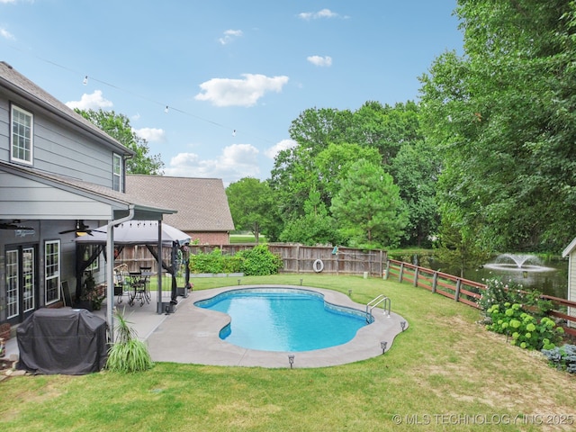 3701 W Dallas St, Broken Arrow, OK 74012 - view of swimming pool with a gazebo, grilling area, a fenced backyard, a ceiling fan, and a patio area