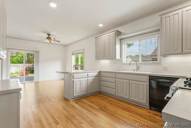 1620 S Florence Pl, Tulsa, OK 74104 - kitchen with gray cabinetry, black dishwasher, ornamental molding, a peninsula, and a ceiling fan