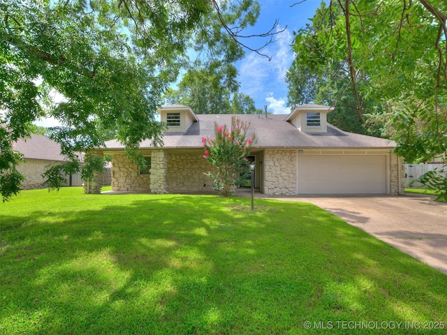 117 W Timberlane St, Broken Arrow, OK 74011 - view of front of house featuring stone siding, a front yard, driveway, and a garage