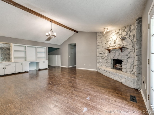 117 W Timberlane St, Broken Arrow, OK 74011 - unfurnished living room with a textured ceiling, a fireplace, a chandelier, and wood finished floors