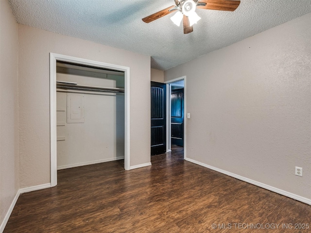 117 W Timberlane St, Broken Arrow, OK 74011 - unfurnished bedroom with a textured ceiling, wood finished floors, a closet, ceiling fan, and electric panel