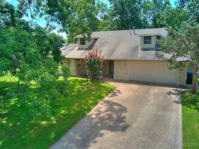 117 W Timberlane St, Broken Arrow, OK 74011 - view of front of property featuring stone siding, concrete driveway, a front yard, and a garage