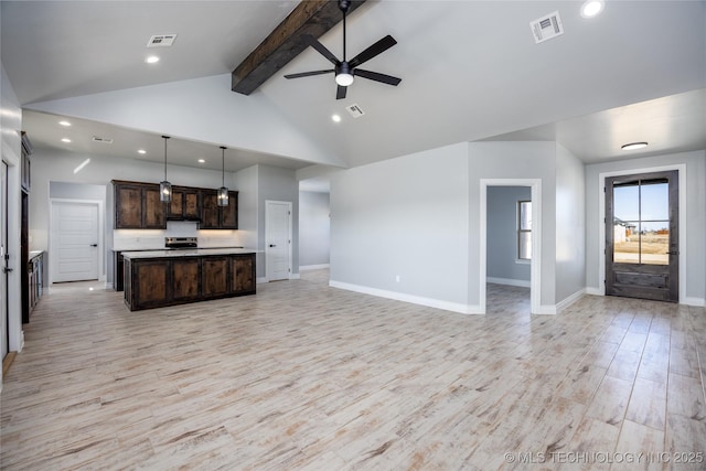 175 Maple Leaf Dr, Durant, OK 74701 - kitchen featuring open floor plan, dark brown cabinets, beamed ceiling, light wood finished floors, and recessed lighting