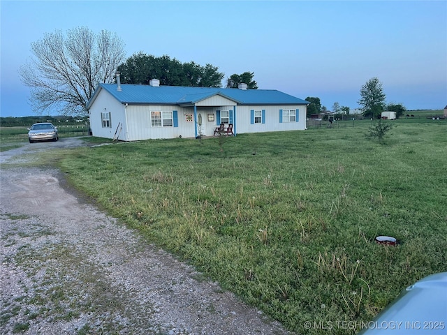33803 S 4230th Rd, Inola, OK 74036 - ranch-style house featuring a chimney, driveway, a front lawn, and a metal roof