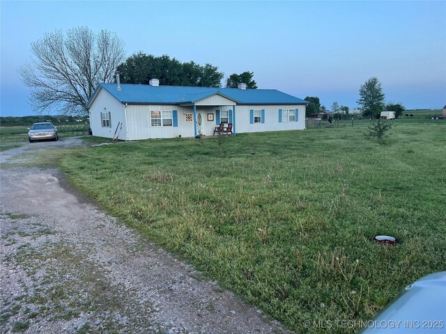33803 S 4230th Rd, Inola, OK 74036 - single story home featuring a chimney, driveway, a front yard, and a metal roof