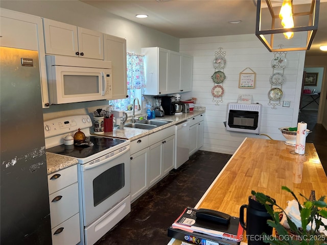 33803 S 4230th Rd, Inola, OK 74036 - kitchen with white appliances, heating unit, wooden counters, white cabinetry, and recessed lighting