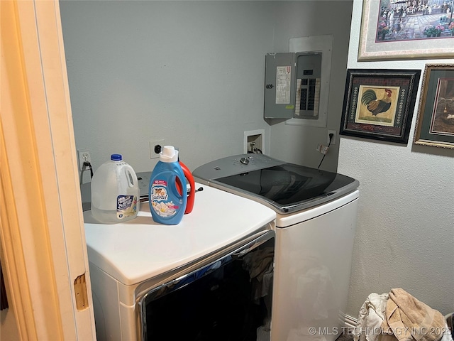 33803 S 4230th Rd, Inola, OK 74036 - laundry area featuring separate washer and dryer, electric panel, and a desk