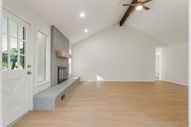 6905 S Redbud Ave, Broken Arrow, OK 74011 - unfurnished living room with ceiling fan, a brick fireplace, light wood-style flooring, and recessed lighting