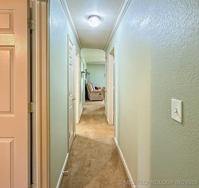14174 County Road 3501, Ada, OK 74820 - hallway featuring light colored carpet, a textured ceiling, a textured wall, and crown molding