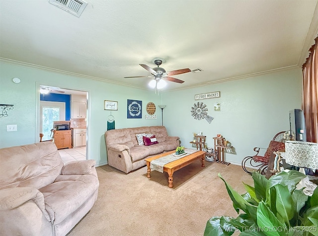 14174 County Road 3501, Ada, OK 74820 - living area featuring crown molding, a ceiling fan, and light colored carpet