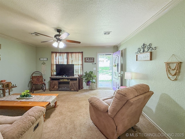 14174 County Road 3501, Ada, OK 74820 - carpeted living area featuring ornamental molding, a textured ceiling, ceiling fan, and a textured wall
