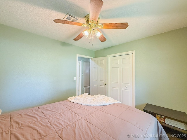 14174 County Road 3501, Ada, OK 74820 - bedroom with a closet, a ceiling fan, and a textured ceiling
