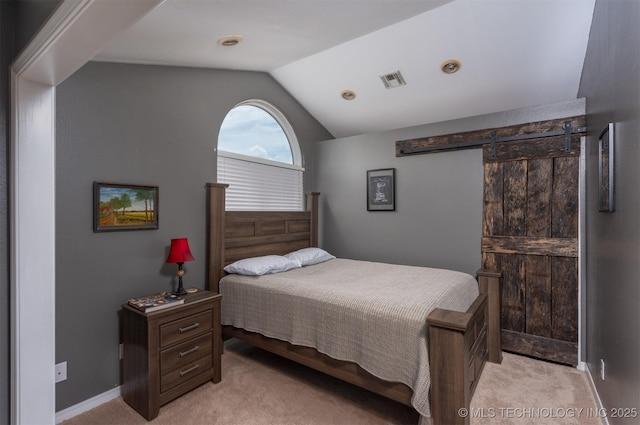 105074 N 3770, Okemah, OK 74859 - bedroom with light colored carpet, lofted ceiling, and a barn door