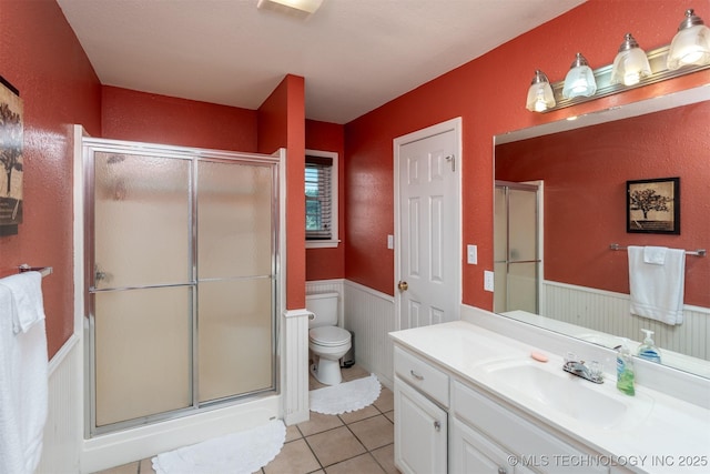 105074 N 3770, Okemah, OK 74859 - full bathroom with vanity, a shower with shower door, tile patterned flooring, and a wainscoted wall