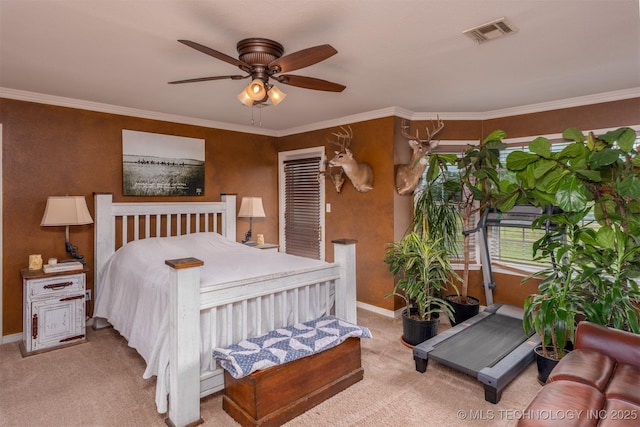 105074 N 3770, Okemah, OK 74859 - bedroom with light carpet, crown molding, and a ceiling fan