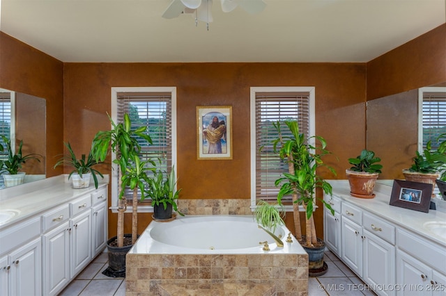 105074 N 3770, Okemah, OK 74859 - full bathroom featuring vanity, a whirlpool tub, a ceiling fan, and tile patterned floors