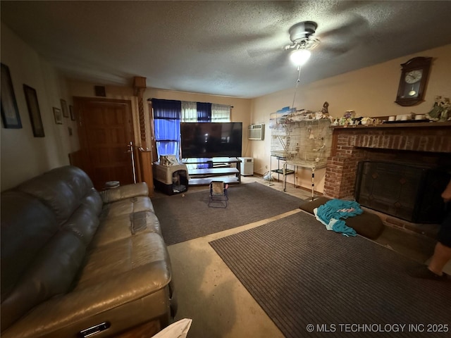 53801 S 355th Rd, Maramec Twp, OK 74045 - living room with a ceiling fan, a brick fireplace, a wall mounted AC, and a textured ceiling