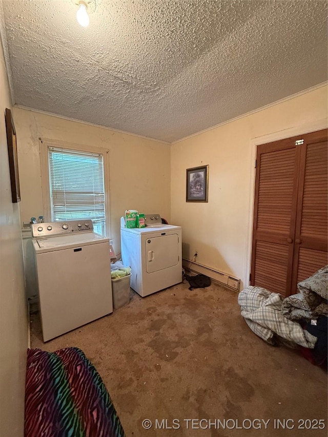 53801 S 355th Rd, Maramec Twp, OK 74045 - laundry room with washer and clothes dryer, a textured ceiling, and a baseboard heating unit