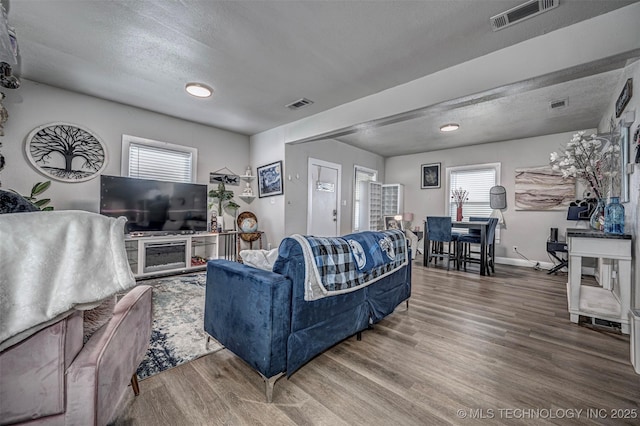 1208 NW 1st Ave, Ardmore, OK 73401 - living room featuring wood finished floors, healthy amount of natural light, and a textured ceiling