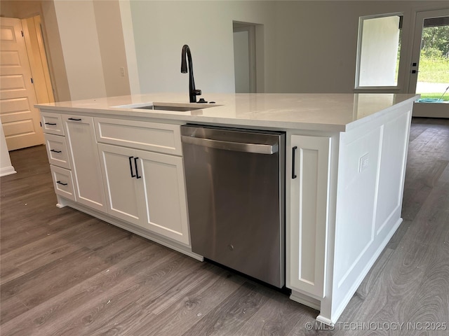 10416 E 132nd St S, Bixby, OK 74008 - kitchen featuring stainless steel dishwasher, wood finished floors, white cabinetry, and a center island with sink