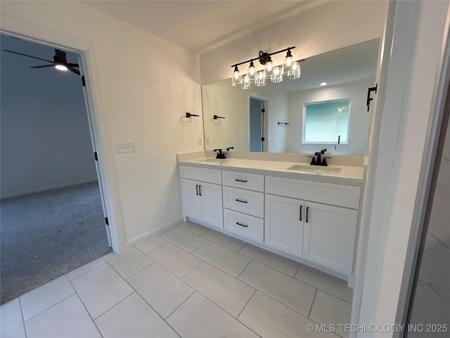 10416 E 132nd St S, Bixby, OK 74008 - bathroom featuring double vanity, ceiling fan, and tile patterned flooring