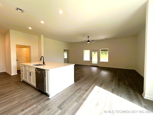 10416 E 132nd St S, Bixby, OK 74008 - kitchen featuring dishwasher, white cabinetry, ceiling fan, wood finished floors, and a center island with sink