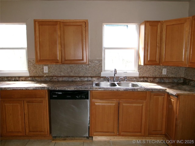 2131 Topeka St, Muskogee, OK 74403 - kitchen featuring stainless steel dishwasher, decorative backsplash, and dark countertops