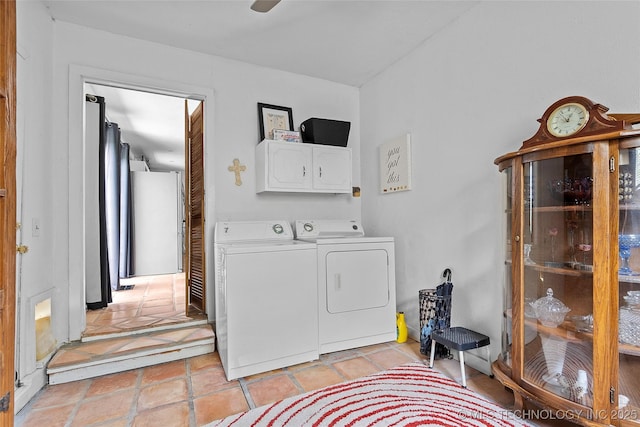 4080 Bud Dr, Sulphur, OK 73086 - washroom featuring cabinet space, washer and dryer, and light tile patterned floors