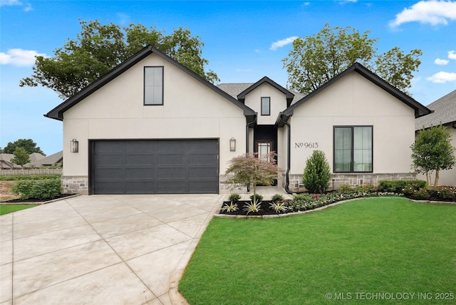 9613 E 119th Ct S, Bixby, OK 74008 - view of front of home with stone siding, concrete driveway, a front lawn, and a garage