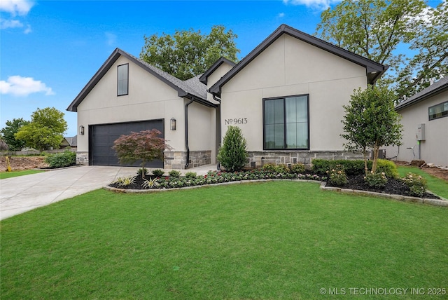 9613 E 119th Ct S, Bixby, OK 74008 - view of front of house with stone siding, a front lawn, concrete driveway, and stucco siding