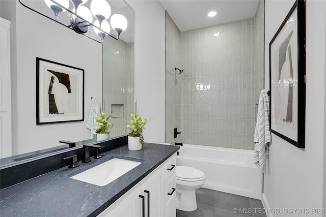 9613 E 119th Ct S, Bixby, OK 74008 - bathroom featuring vanity, tub / shower combination, tile patterned flooring, a chandelier, and recessed lighting