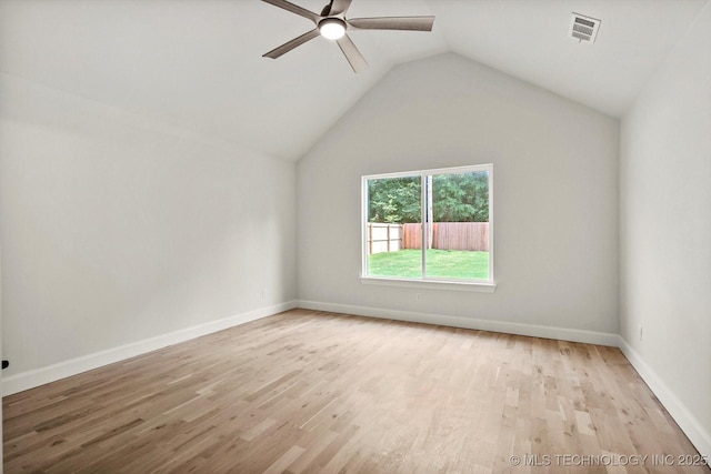 13236 E 4th Pl, Tulsa, OK 74108 - unfurnished room with a ceiling fan, light wood finished floors, and vaulted ceiling