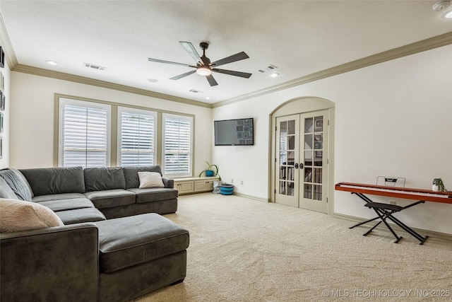 1536 E 35th Pl, Tulsa, OK 74105 - living room with french doors, ceiling fan, crown molding, carpet floors, and recessed lighting