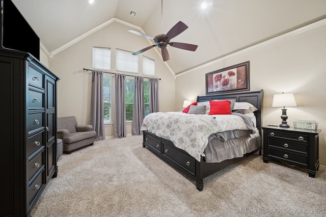 12225 S Glen Ct, Jenks, OK 74037 - bedroom with light carpet, high vaulted ceiling, ornamental molding, and a ceiling fan