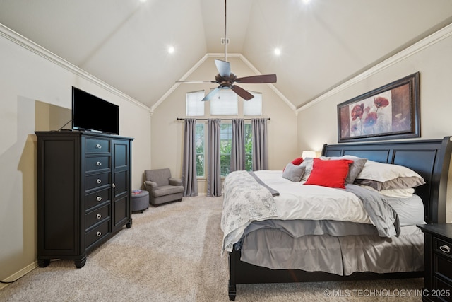 12225 S Glen Ct, Jenks, OK 74037 - bedroom with light carpet, vaulted ceiling, a ceiling fan, and ornamental molding