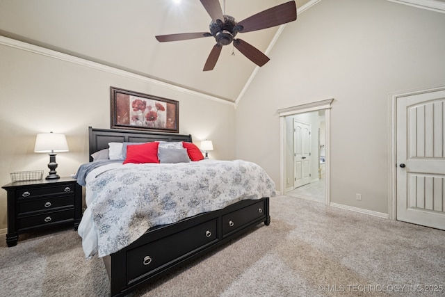 12225 S Glen Ct, Jenks, OK 74037 - bedroom with light carpet, high vaulted ceiling, ornamental molding, ceiling fan, and connected bathroom