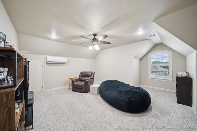 12225 S Glen Ct, Jenks, OK 74037 - sitting room featuring a wall mounted AC, carpet flooring, lofted ceiling, and a ceiling fan