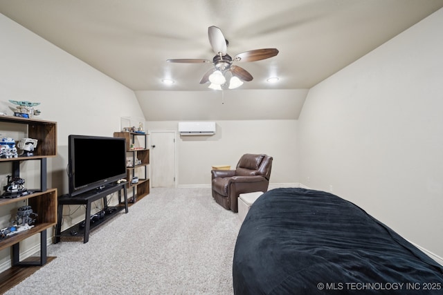 12225 S Glen Ct, Jenks, OK 74037 - carpeted bedroom with an AC wall unit, lofted ceiling, and ceiling fan