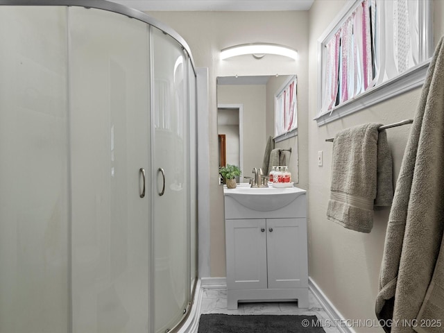 3321 Woodland Rd, Bartlesville, OK 74006 - full bath with marble finish floors, a stall shower, and vanity