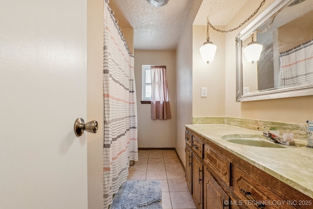 13201 W 86th St S, Sapulpa, OK 74066 - bathroom featuring a textured ceiling, vanity, tile patterned floors, and a shower with shower curtain