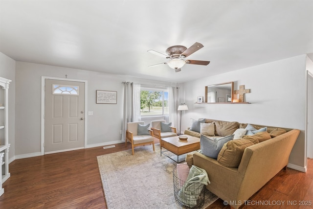 1377 S Wortman Ave, Claremore, OK 74017 - living room with a ceiling fan and dark wood finished floors