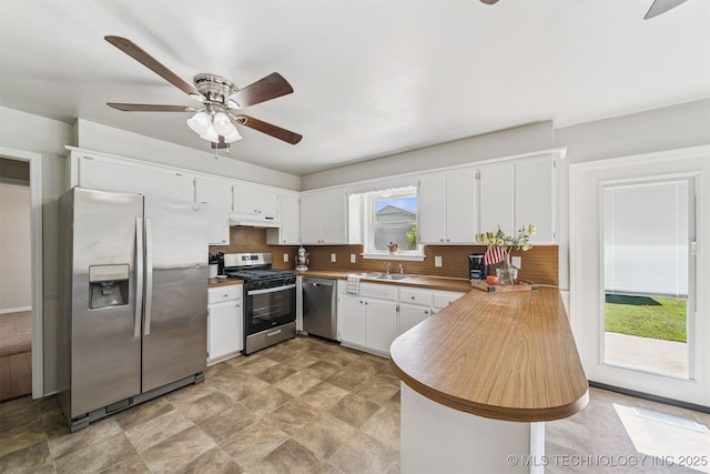 1377 S Wortman Ave, Claremore, OK 74017 - kitchen with stainless steel appliances, under cabinet range hood, a peninsula, a ceiling fan, and backsplash