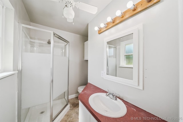 1377 S Wortman Ave, Claremore, OK 74017 - bathroom with vanity, a stall shower, and a ceiling fan