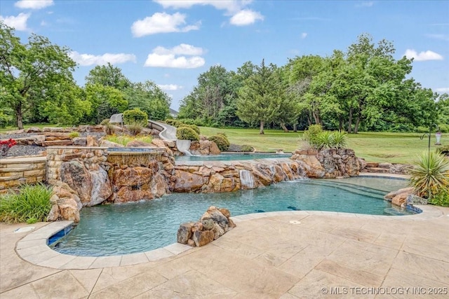 3892 Folsom Rd, Durant, OK 74701 - swimming pool with a water slide, a lawn, and view of wooded area