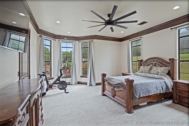 3892 Folsom Rd, Durant, OK 74701 - carpeted bedroom featuring ornamental molding, multiple windows, recessed lighting, and a ceiling fan