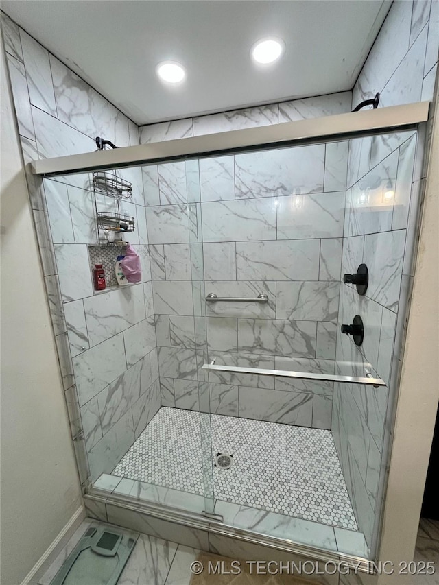2807 Irving St, Muskogee, OK 74403 - bathroom with marble finish flooring, a shower stall, and recessed lighting