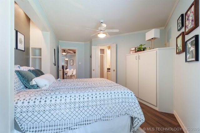56901 E Walnut, Monkey Island, OK 74331 - bedroom featuring dark wood-style floors, crown molding, and a ceiling fan